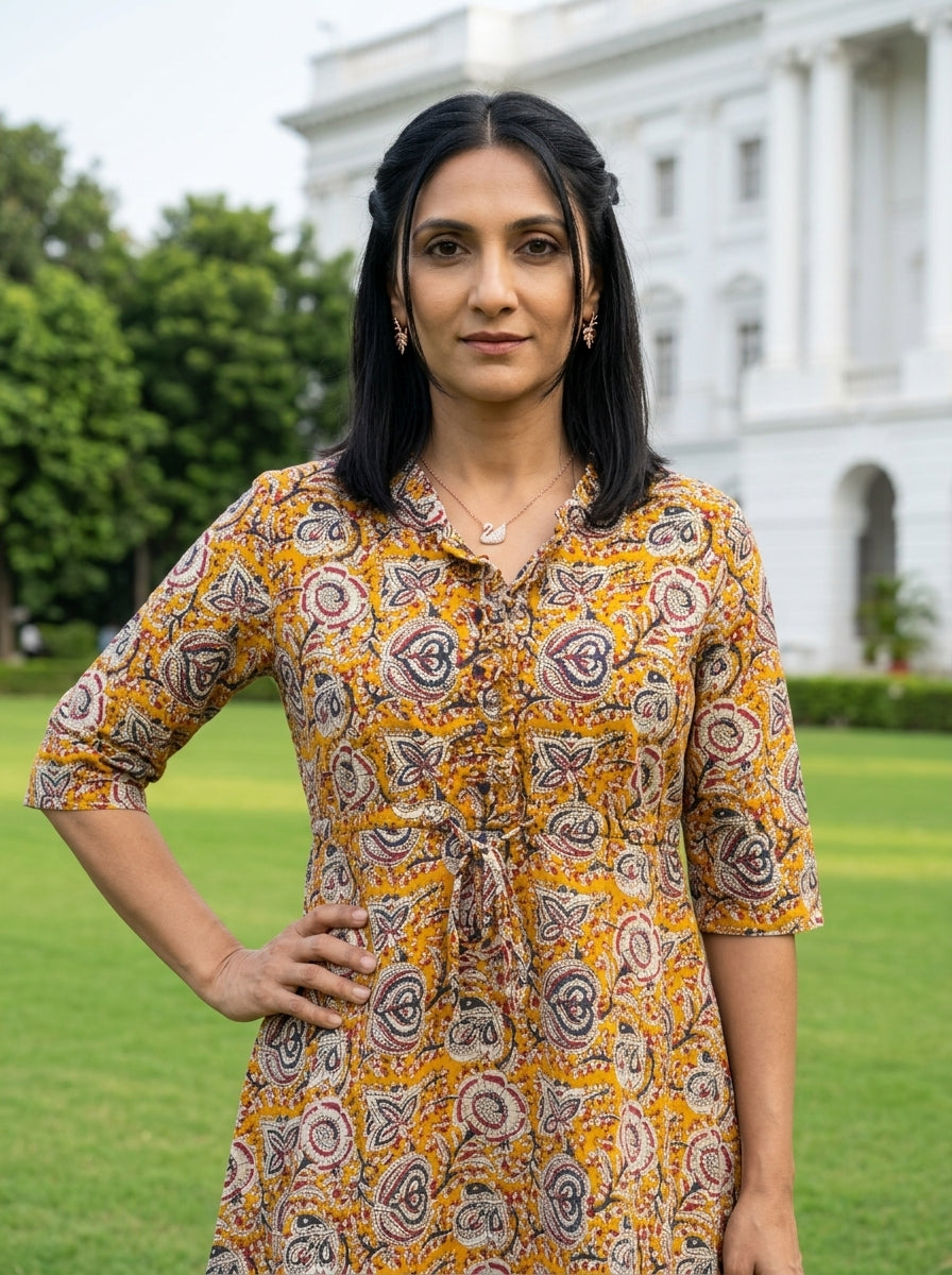 KALAMKARI  MUSTARD COTTON SHORT DRESS