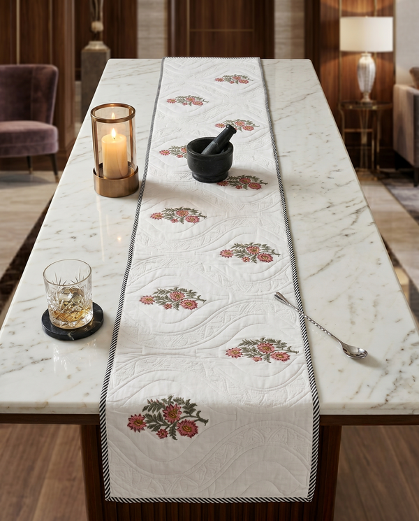 QUILTED TABLE RUNNER WITH FLORAL EMBROIDERY (REVERSIBLE, HANDBLOCK)