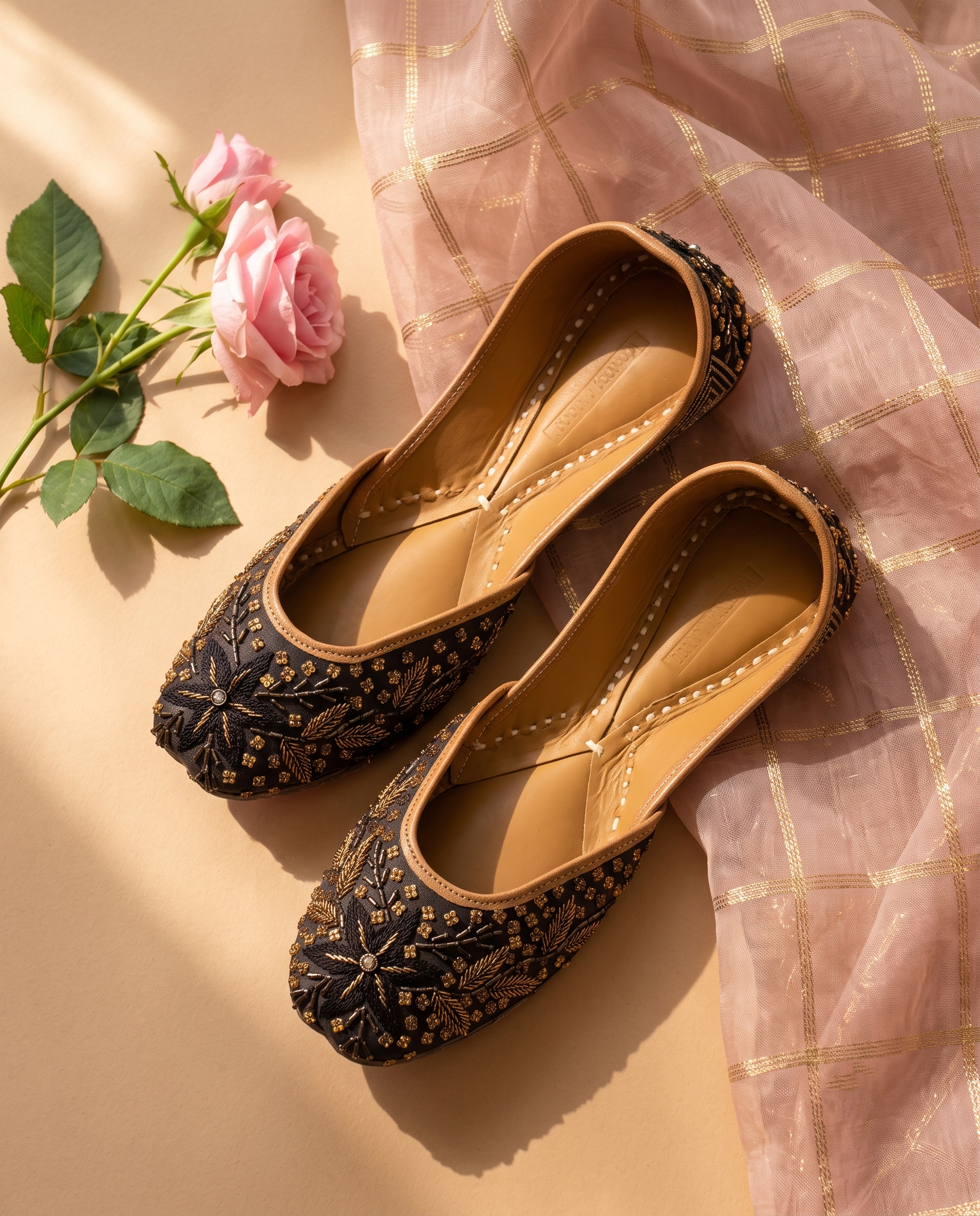 Midnight Zari Bloom Pure Leather Handcrafted Jutti