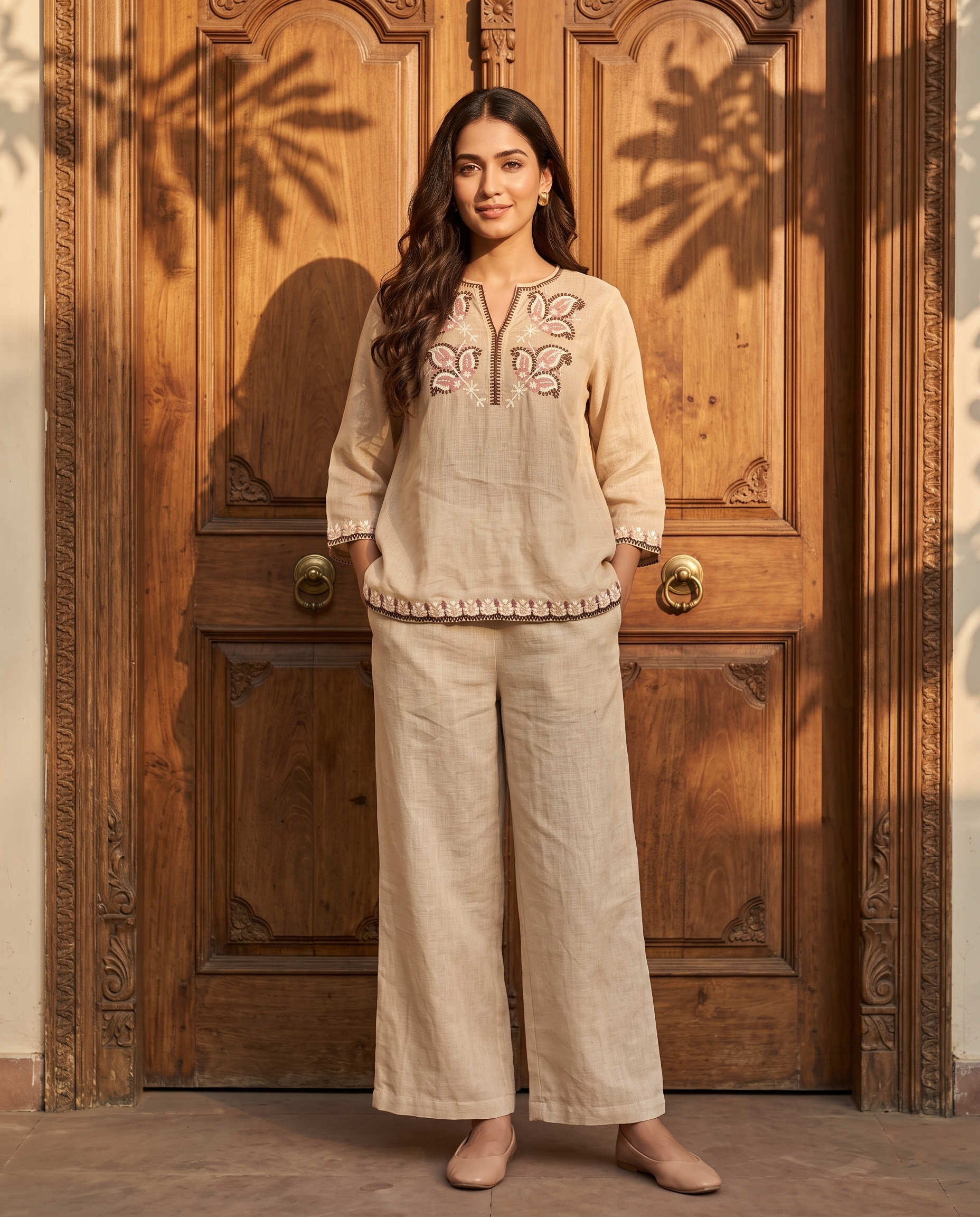 Floral Border Embroidered European Linen Top - Natural Beige