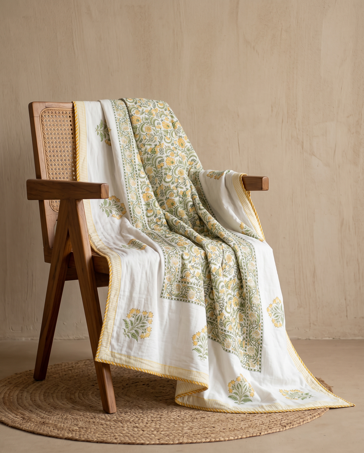 Sonalika Ivory Yellow Floral Hand Block Cotton Dohar