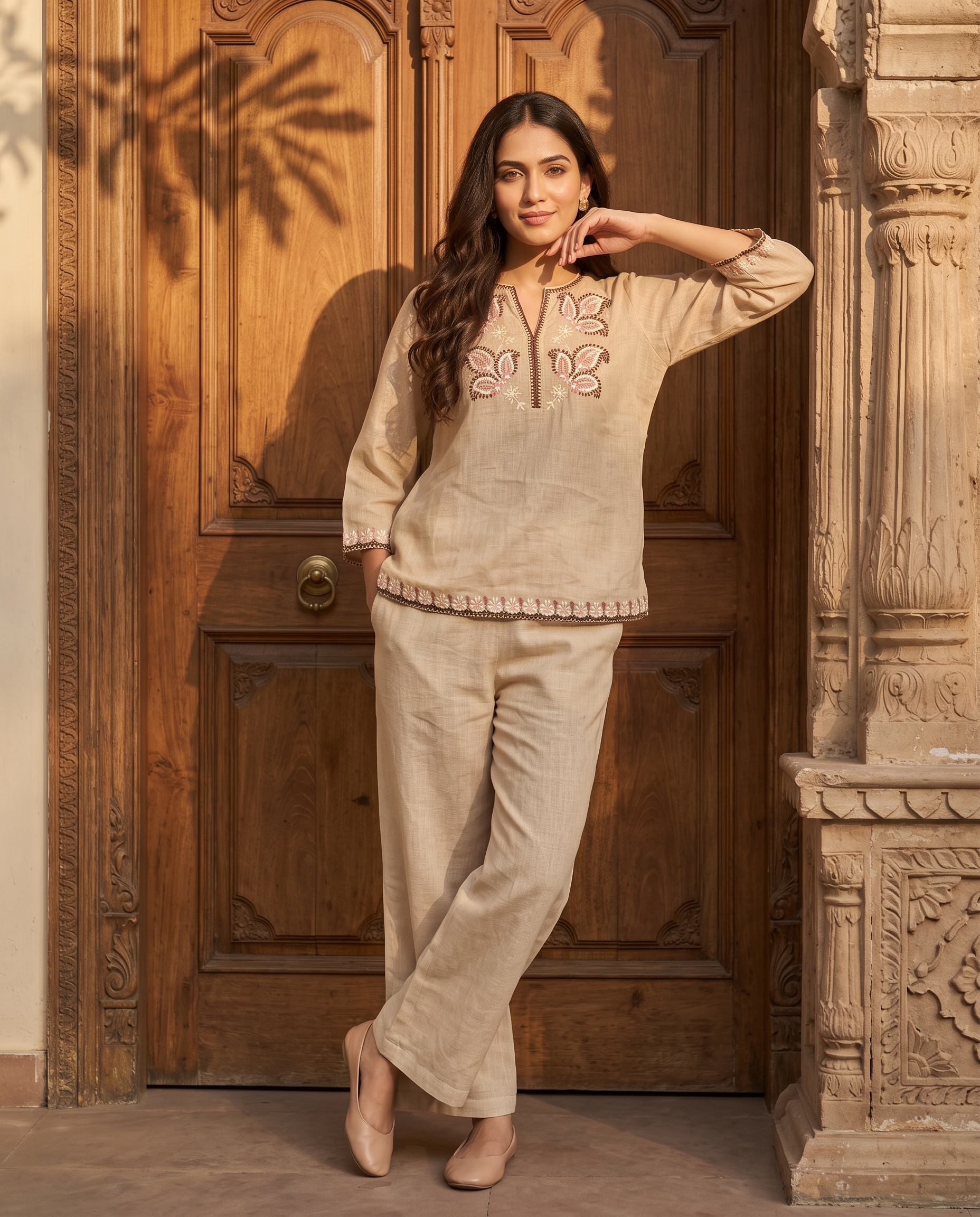 Floral Border Embroidered European Linen Top - Natural Beige