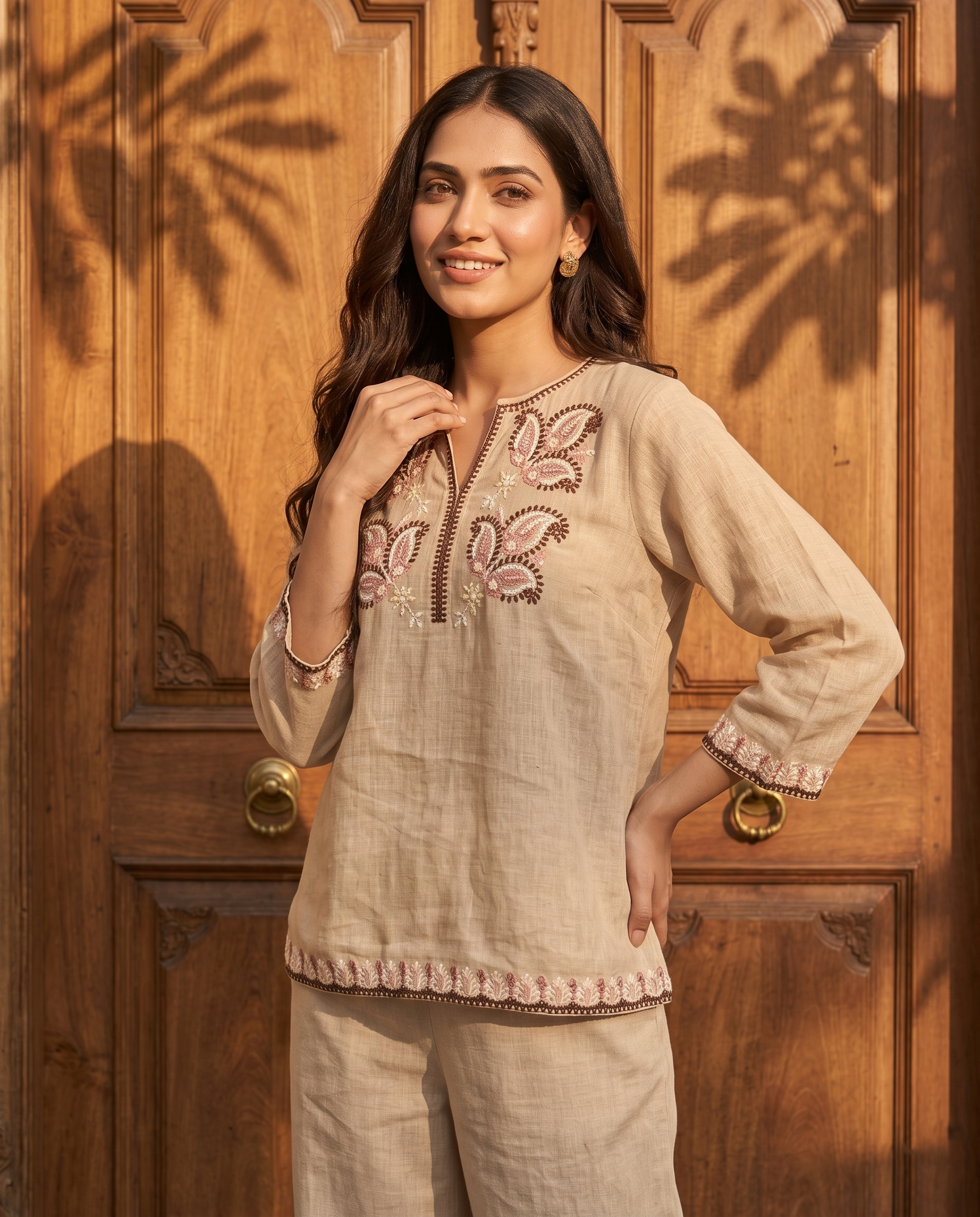 Floral Border Embroidered European Linen Top - Natural Beige