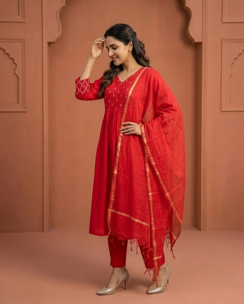 HANDWORKED BRIGHT RED PREMIUM COTTON 3PC KPD SET