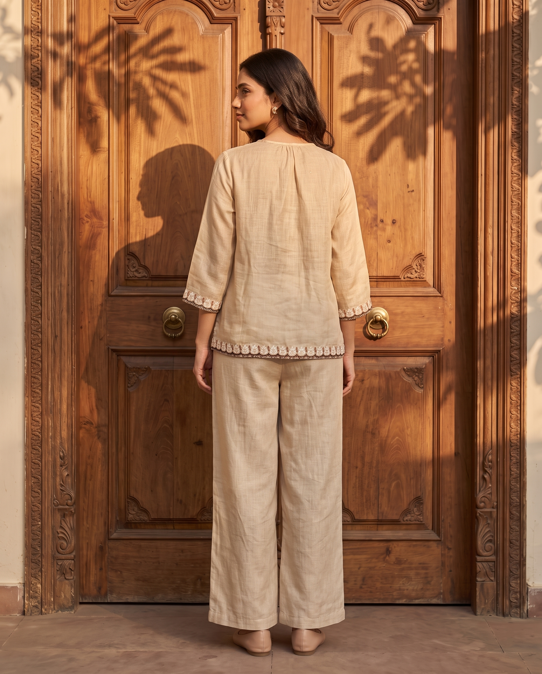 Floral Border Embroidered European Linen Top - Natural Beige