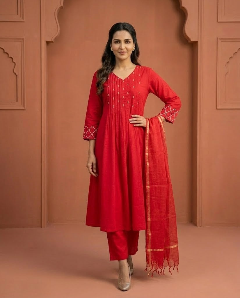 HANDWORKED BRIGHT RED PREMIUM COTTON 3PC KPD SET