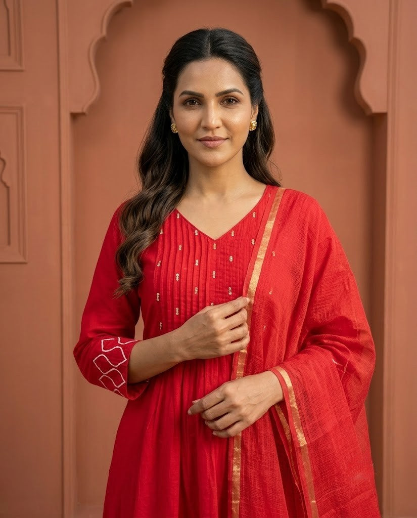 HANDWORKED BRIGHT RED PREMIUM COTTON 3PC KPD SET