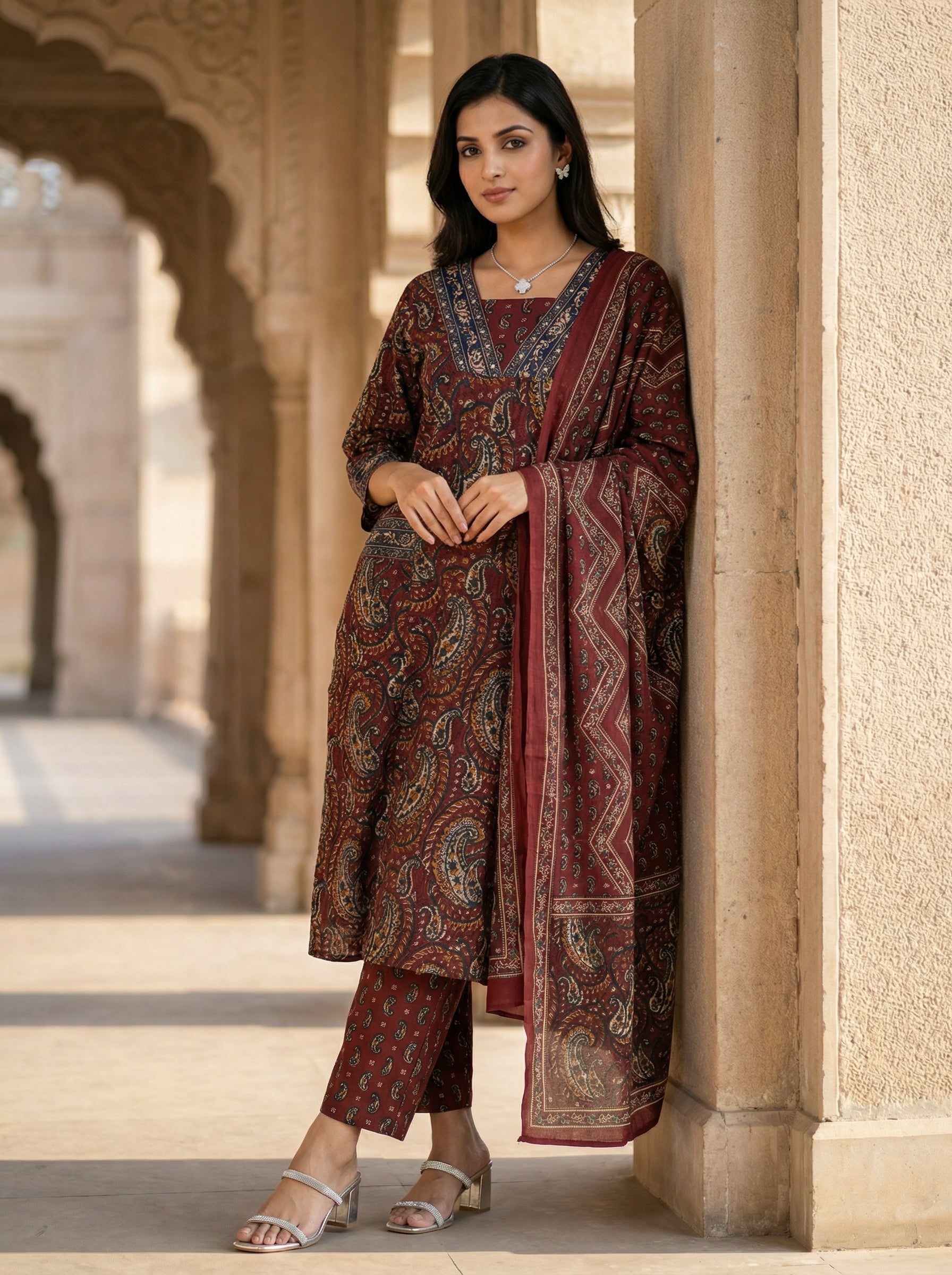 Brick Red Paisley Charm Cotton KPD Set