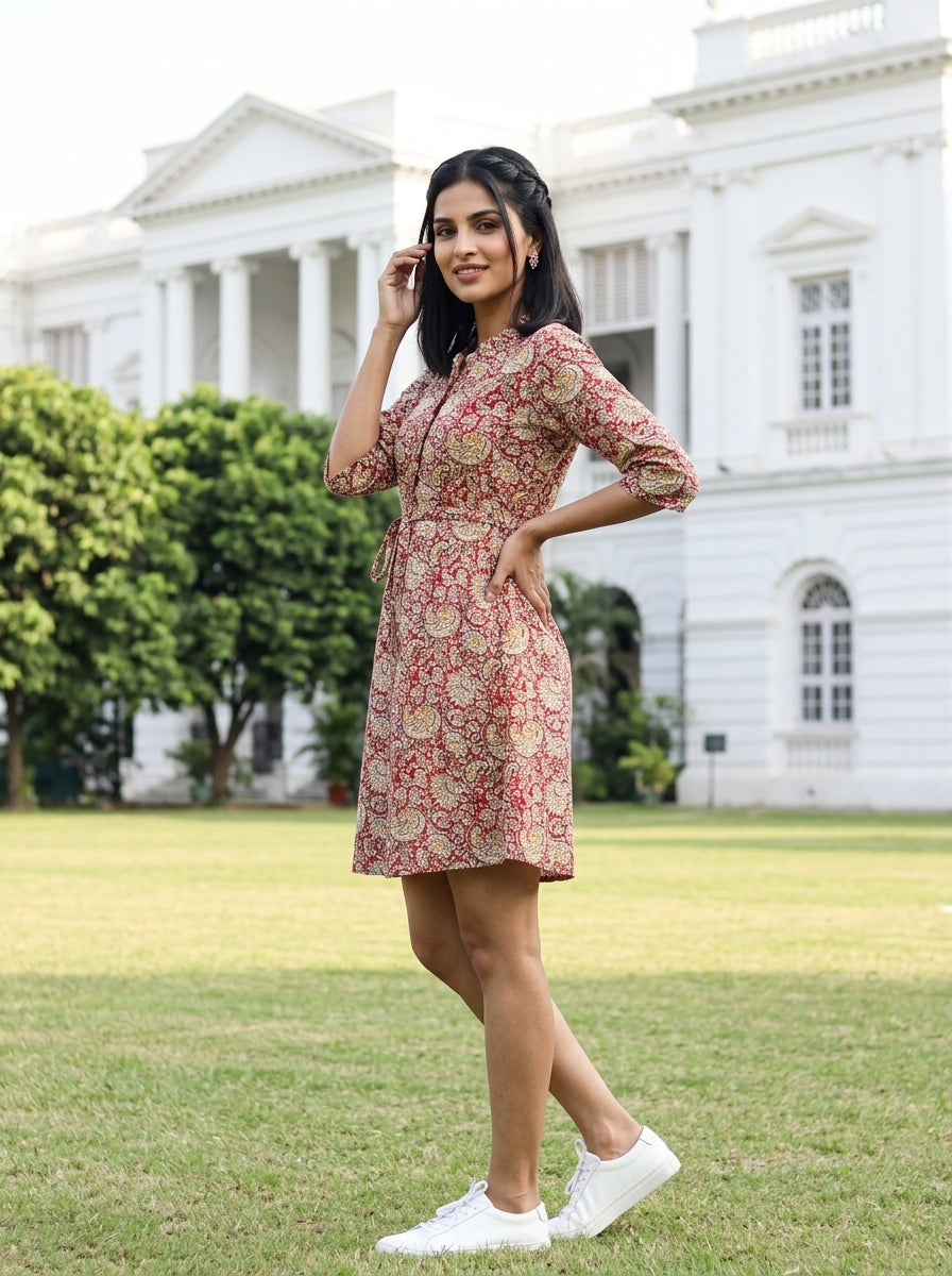 KALAMKARI BRICK RED COTTON SHORT DRESS