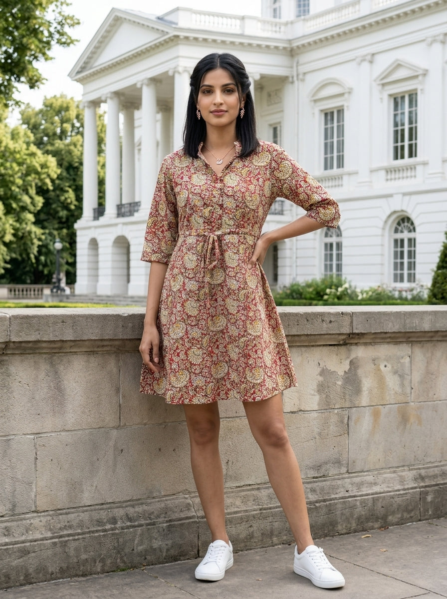 KALAMKARI BRICK RED COTTON SHORT DRESS