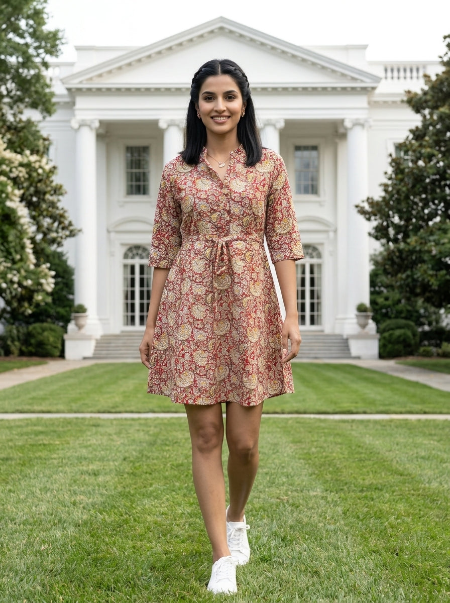 KALAMKARI BRICK RED COTTON SHORT DRESS