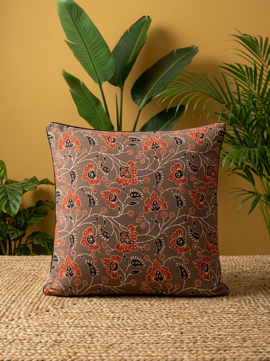 Ajrakh Modal Dancing Dahlias Brown Cushion Cover