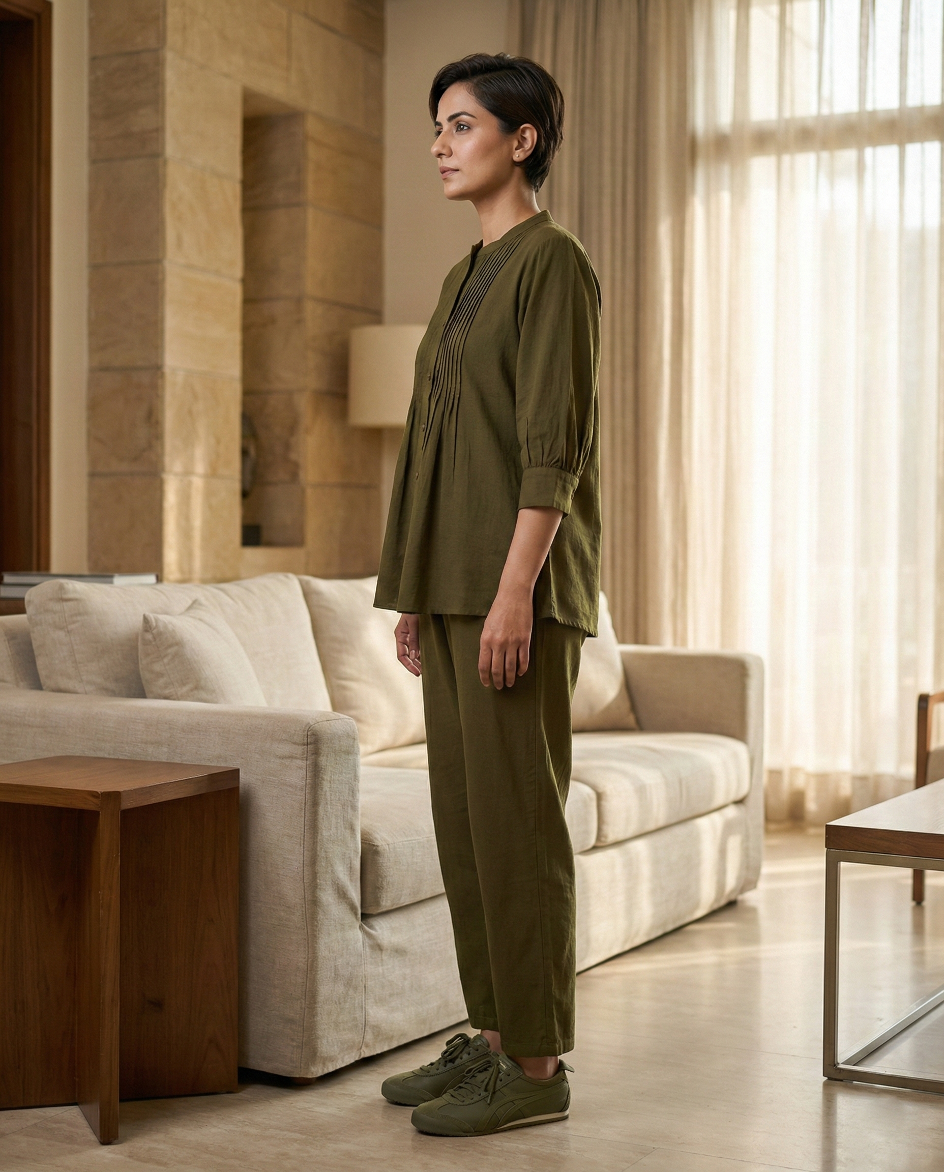 Olive Pintuck Cotton Cordset