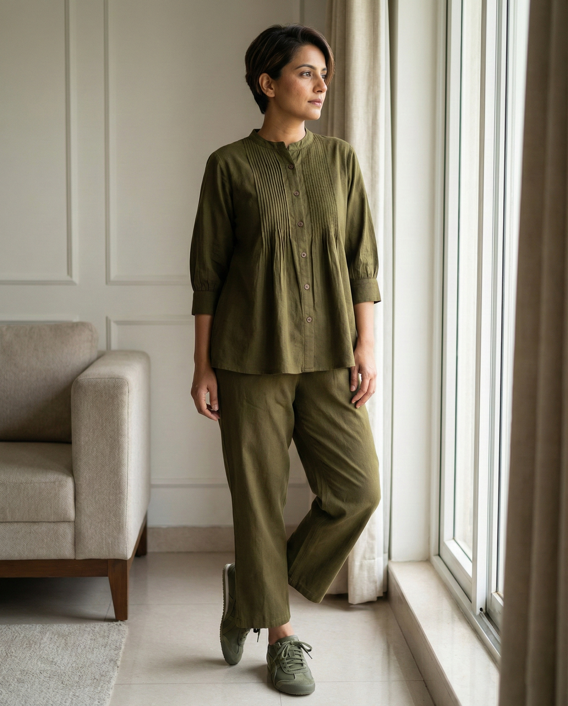 Olive Pintuck Cotton Cordset