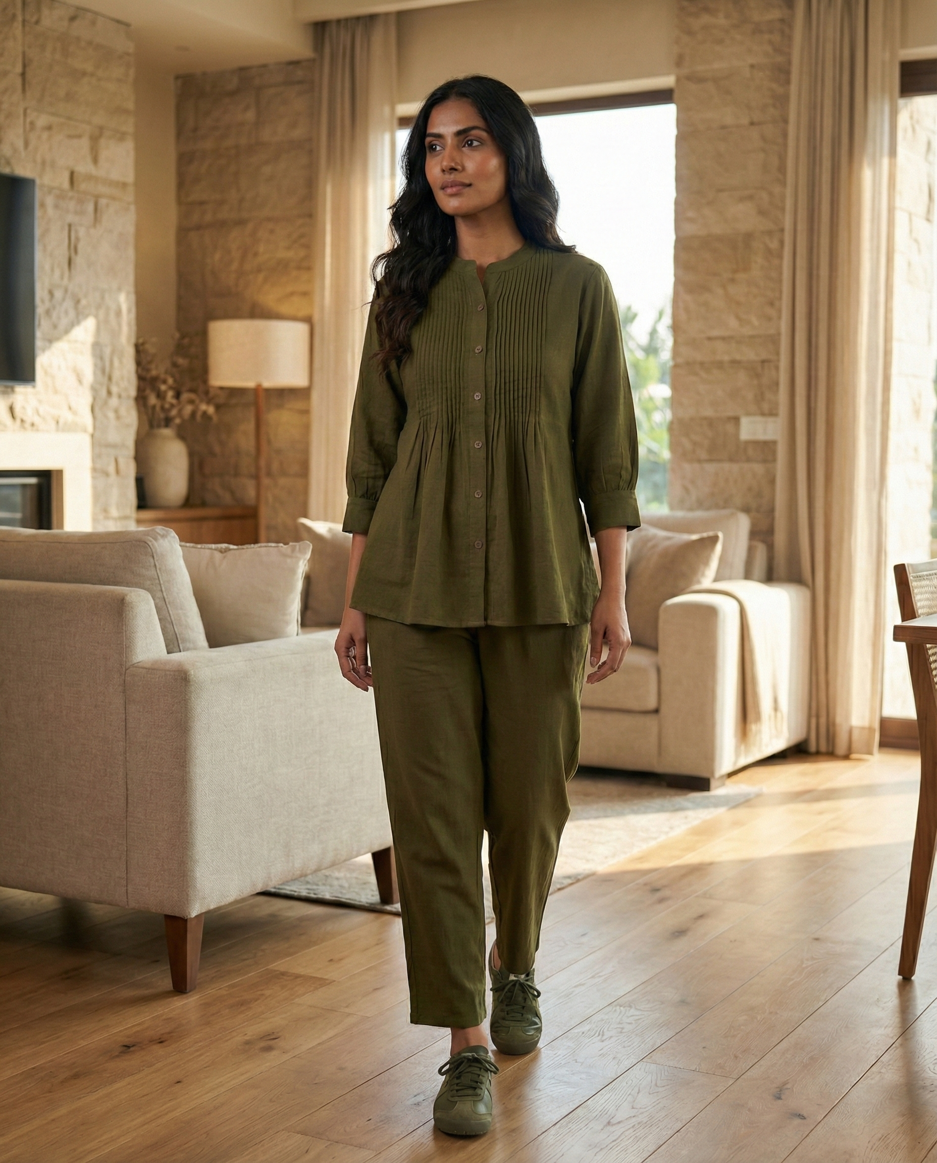 Olive Pintuck Cotton Cordset