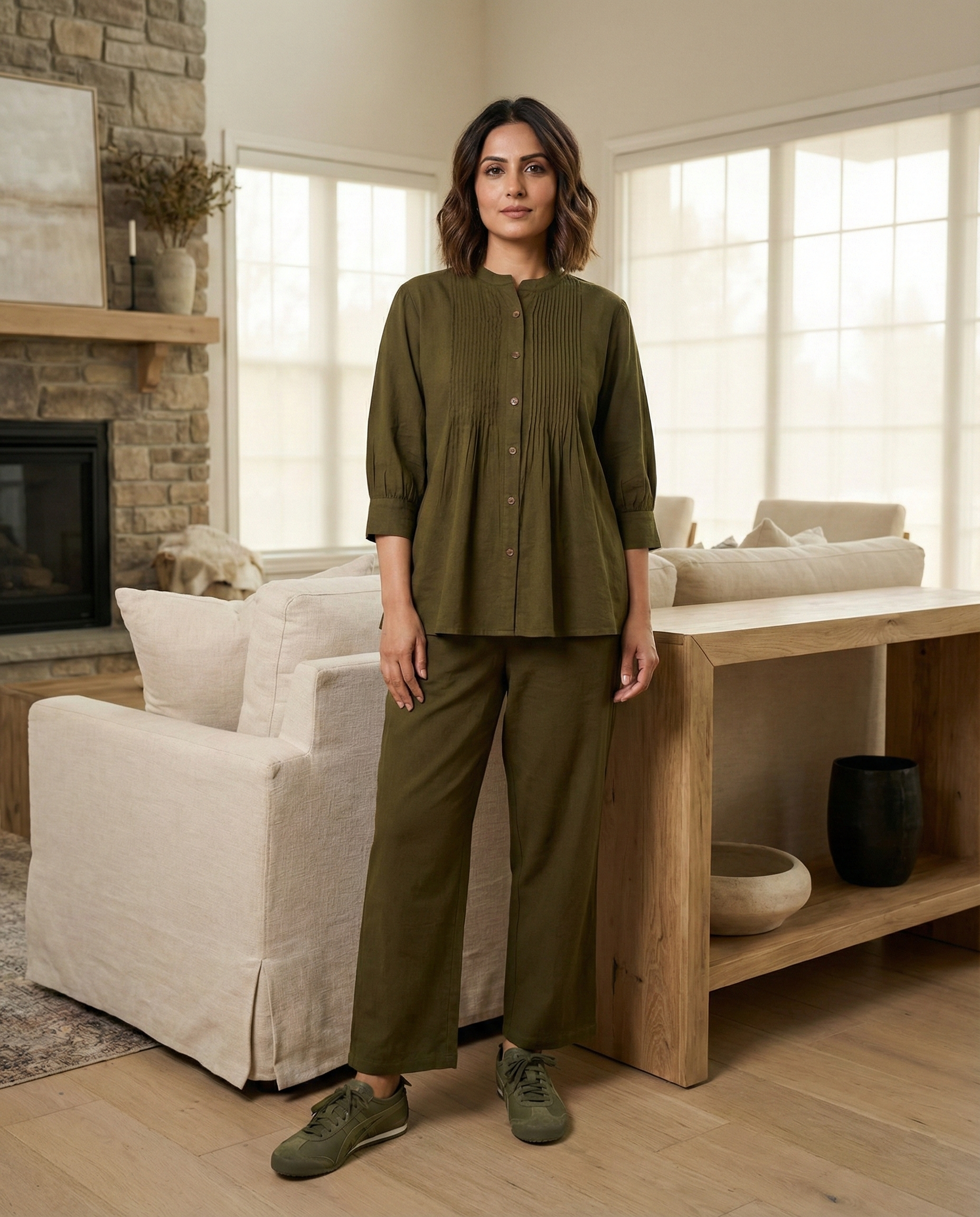 Olive Pintuck Cotton Cordset