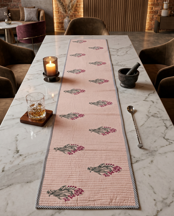 QUILTED OFF-WHITE TABLE RUNNER WITH FLORAL EMBROIDERY (REVERSIBLE, HANDBLOCK)