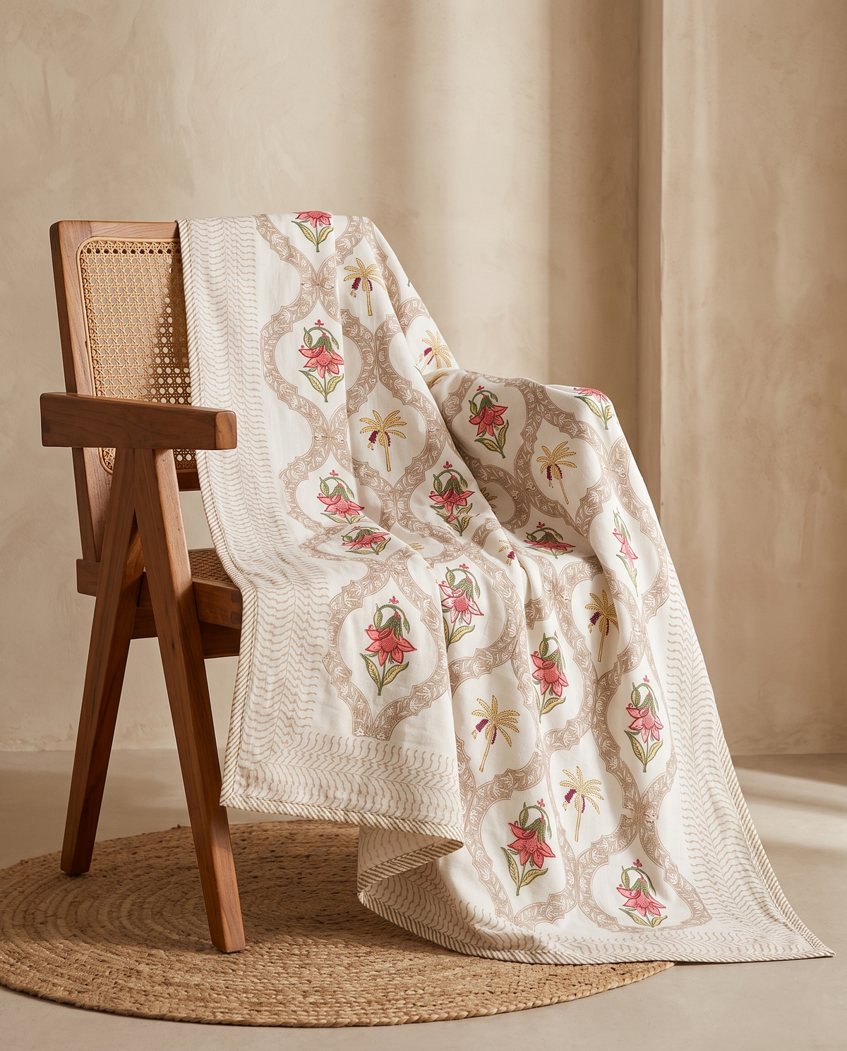Gulnoor Ivory Pink Floral Hand Block Cotton Dohar