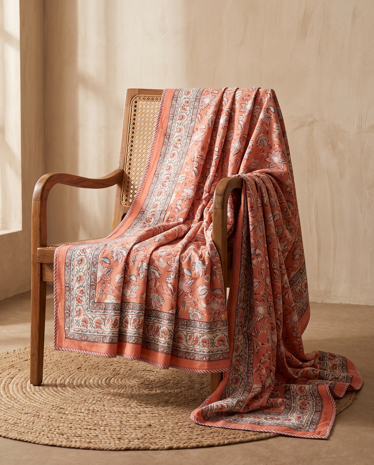 TERRACOTTA LOTUS BLOOM HAND BLOCK COTTON DOUBLE DOHAR