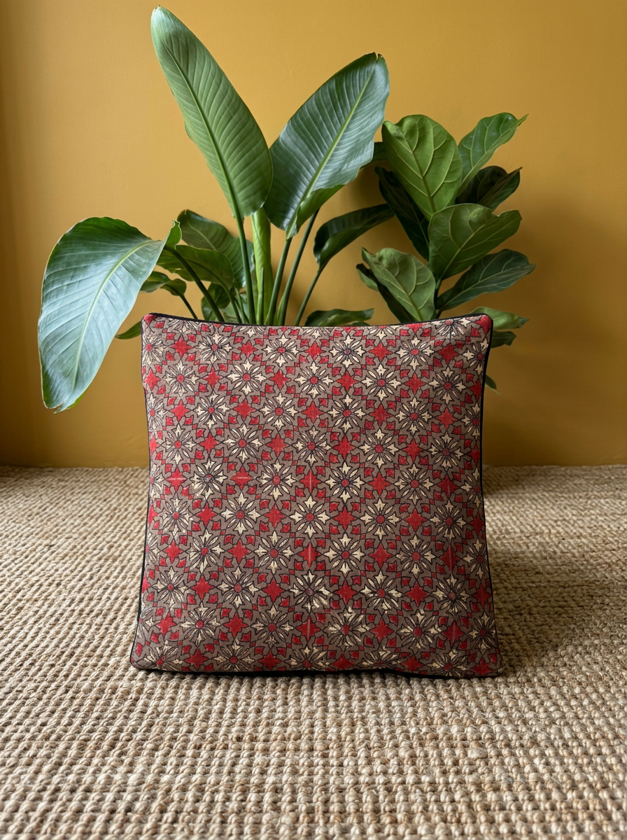 Ajrakh Modal Geometric Floral Brown Cushion Cover