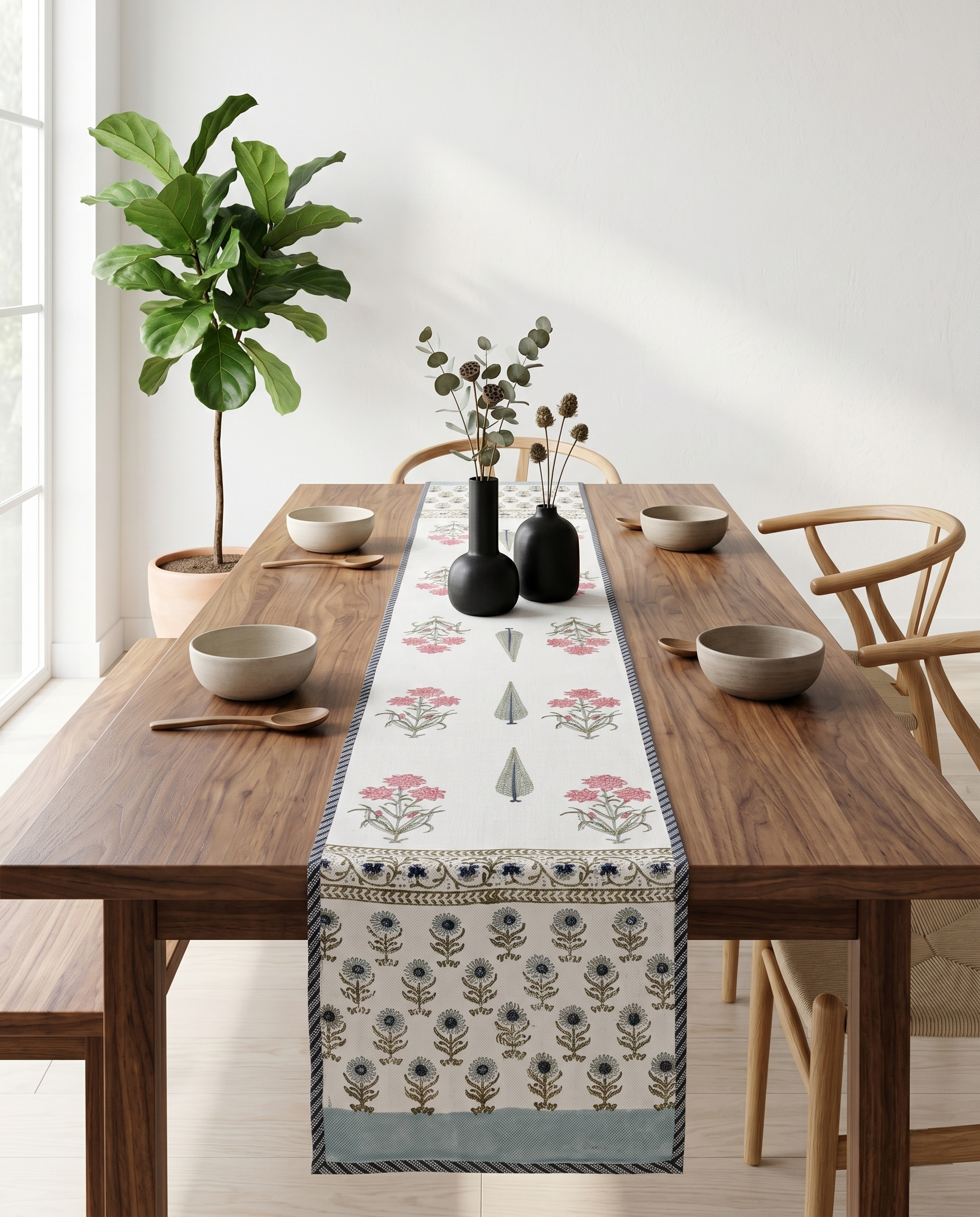 BOTANICAL PRINT JUTE TABLE RUNNER (REVERSIBLE, HANDBLOCK)