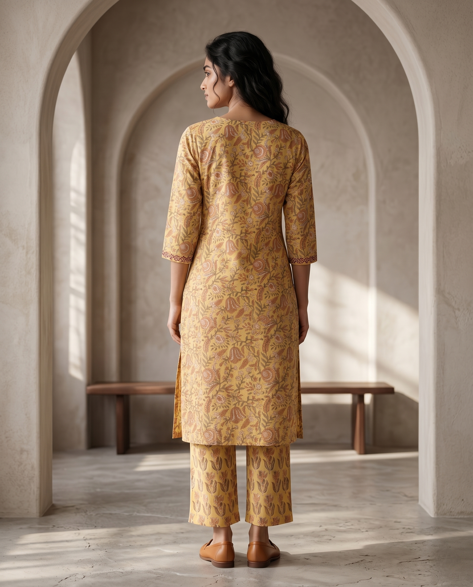 GOLDEN GRACE EMBROIDERY KURTA PANT SET - HANDBLOCK