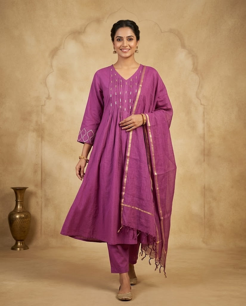 ETHNIC MOTIF MAUVE PURPLE PREMIUM COTTON 3PC KPD SET