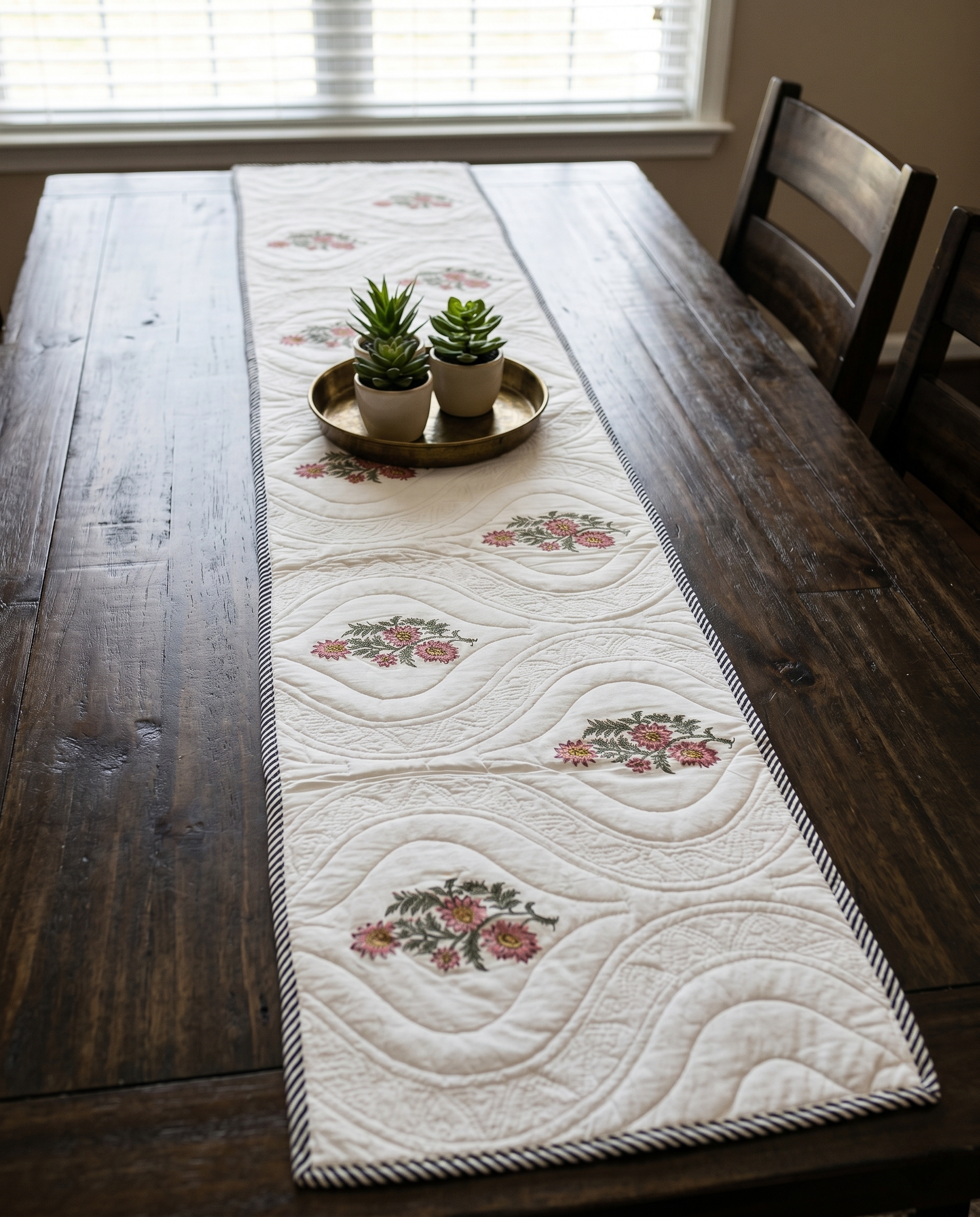 QUILTED TABLE RUNNER WITH FLORAL EMBROIDERY (REVERSIBLE, HANDBLOCK)