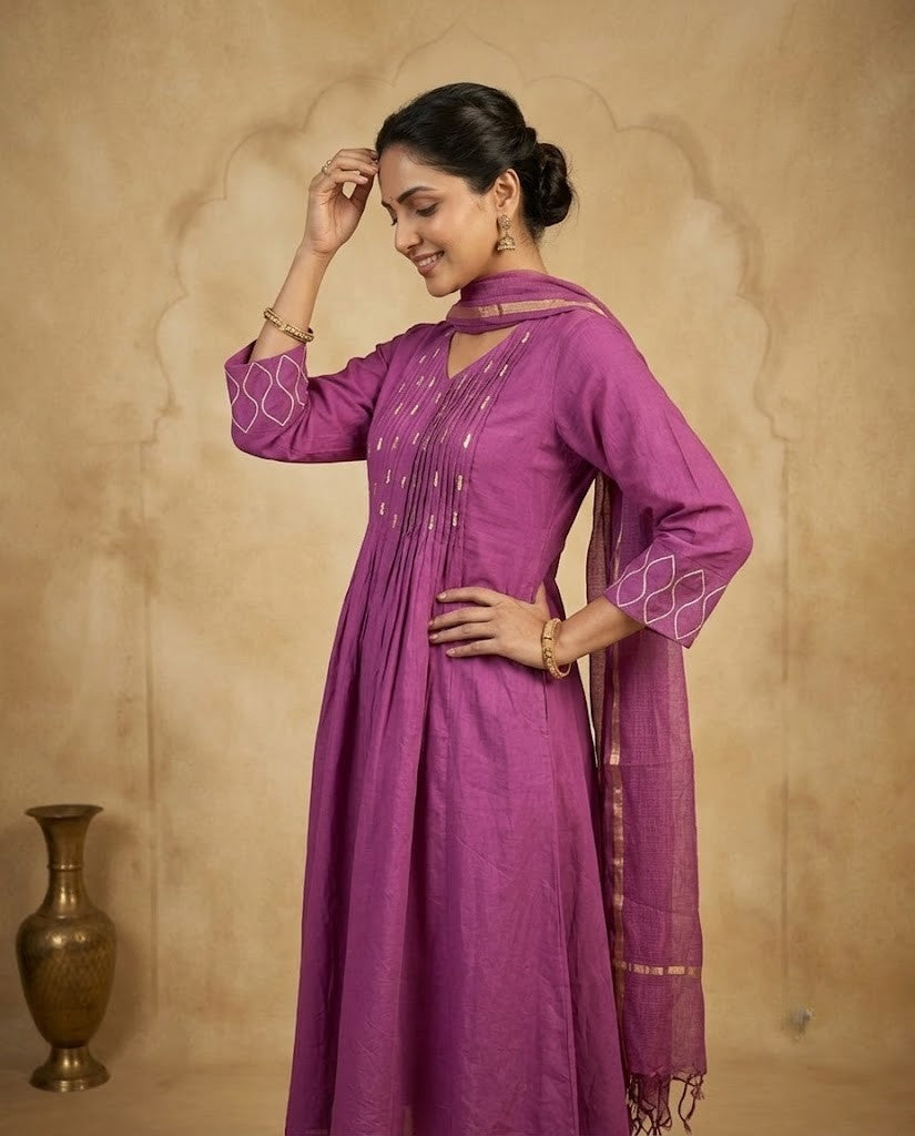 ETHNIC MOTIF MAUVE PURPLE PREMIUM COTTON 3PC KPD SET