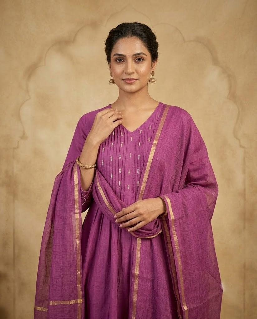 ETHNIC MOTIF MAUVE PURPLE PREMIUM COTTON 3PC KPD SET