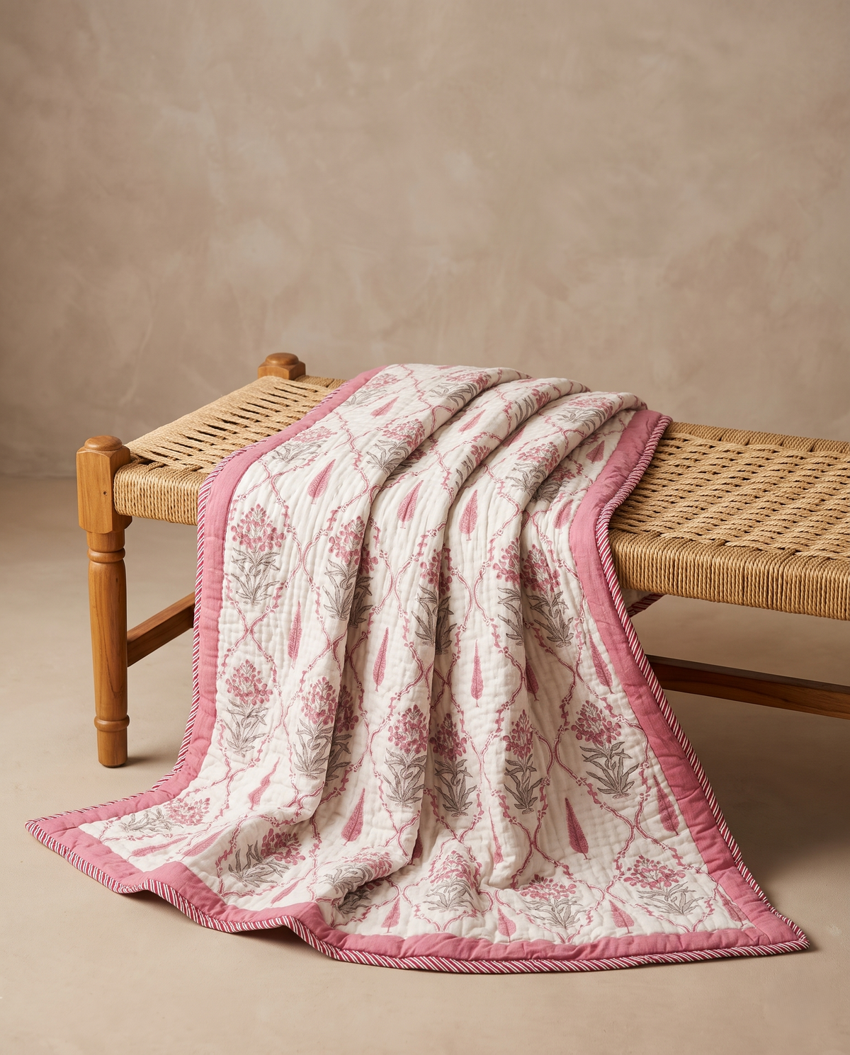 The Rosy Trellis Handblock Cotton Reversible Quilt