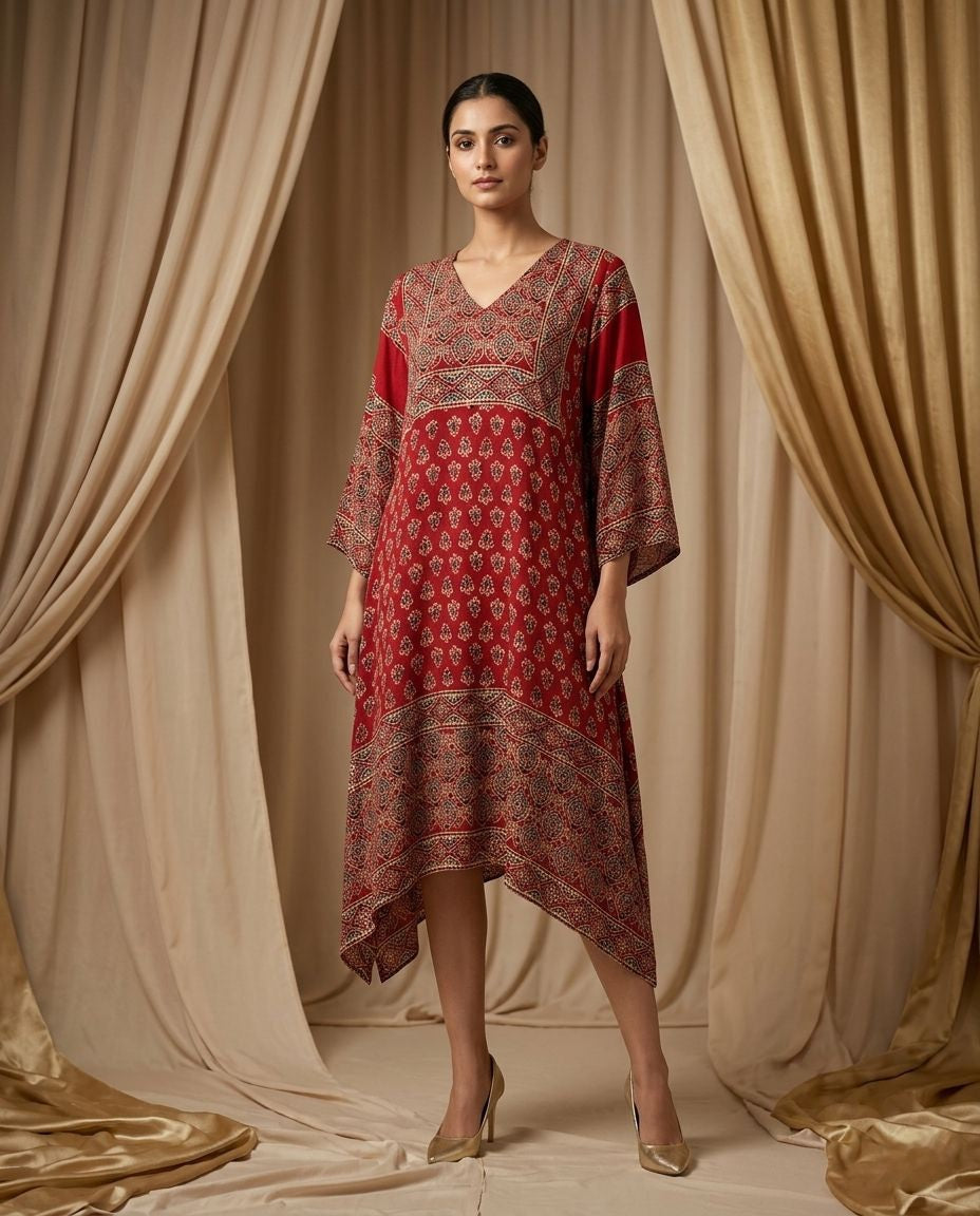 MOSAIC POINT MODAL SILK RED AJRAKH KURTA (HANDBLOCK)