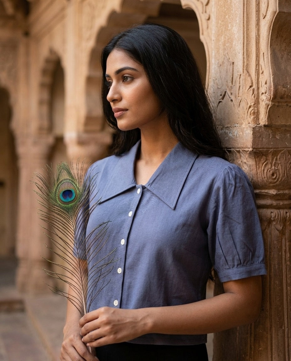 SOFT COTTON LINEN GREYISH BLUE CROP TOP