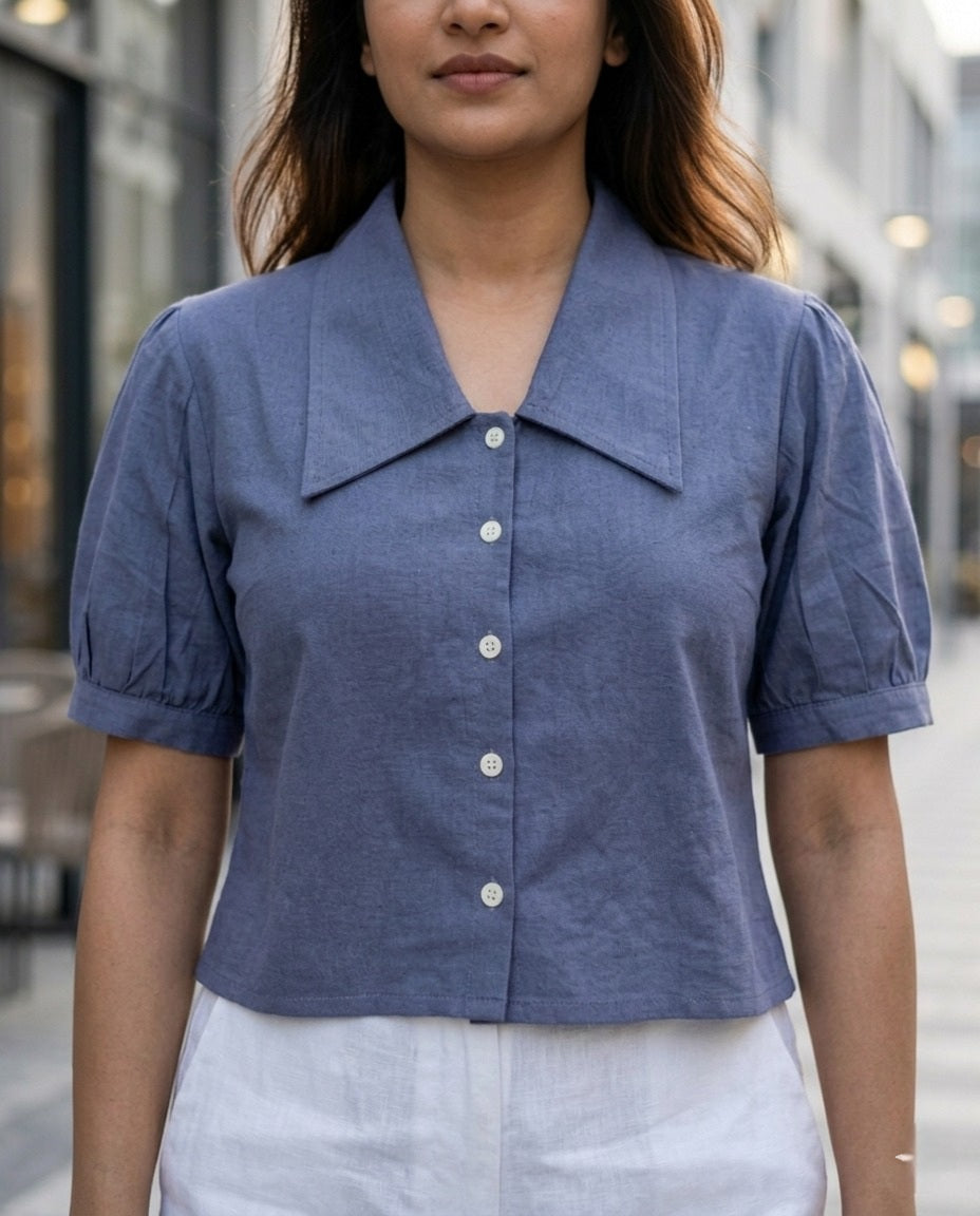 SOFT COTTON LINEN GREYISH BLUE CROP TOP