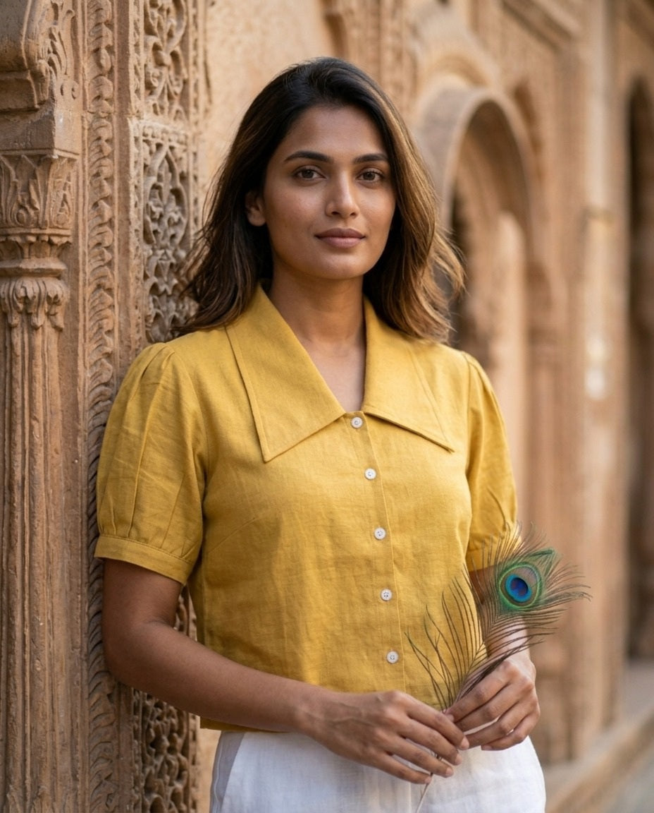 SOFT COTTON LINEN YELLOW CROP TOP
