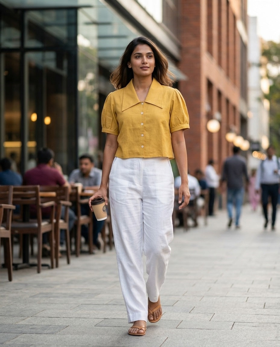 SOFT COTTON LINEN YELLOW CROP TOP