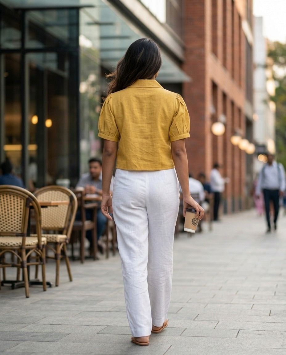 SOFT COTTON LINEN YELLOW CROP TOP