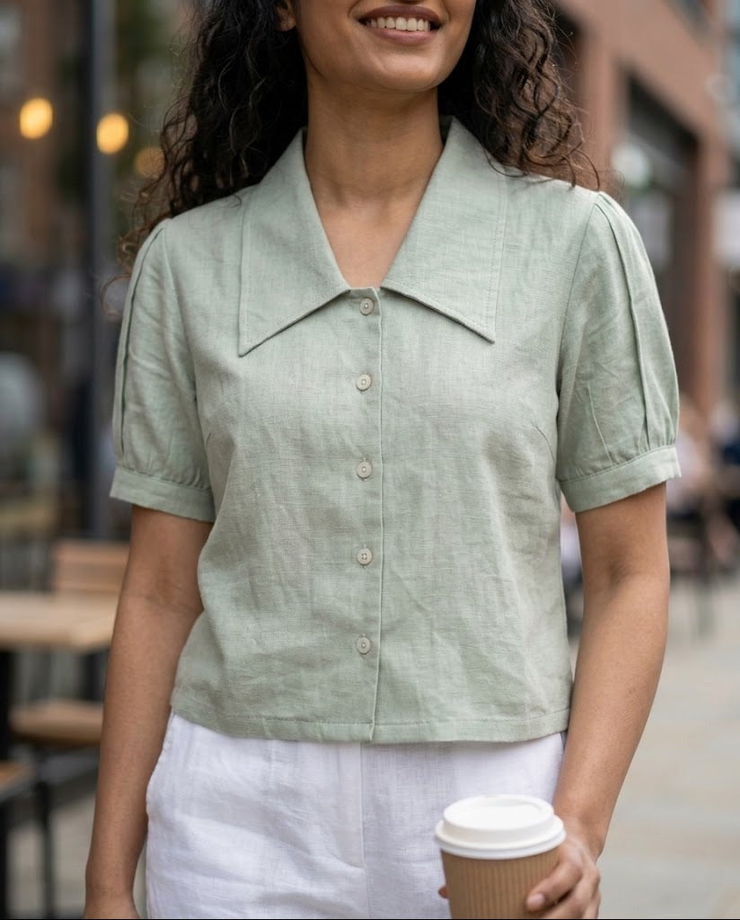 SOFT COTTON LINEN SEA GREEN CROP TOP