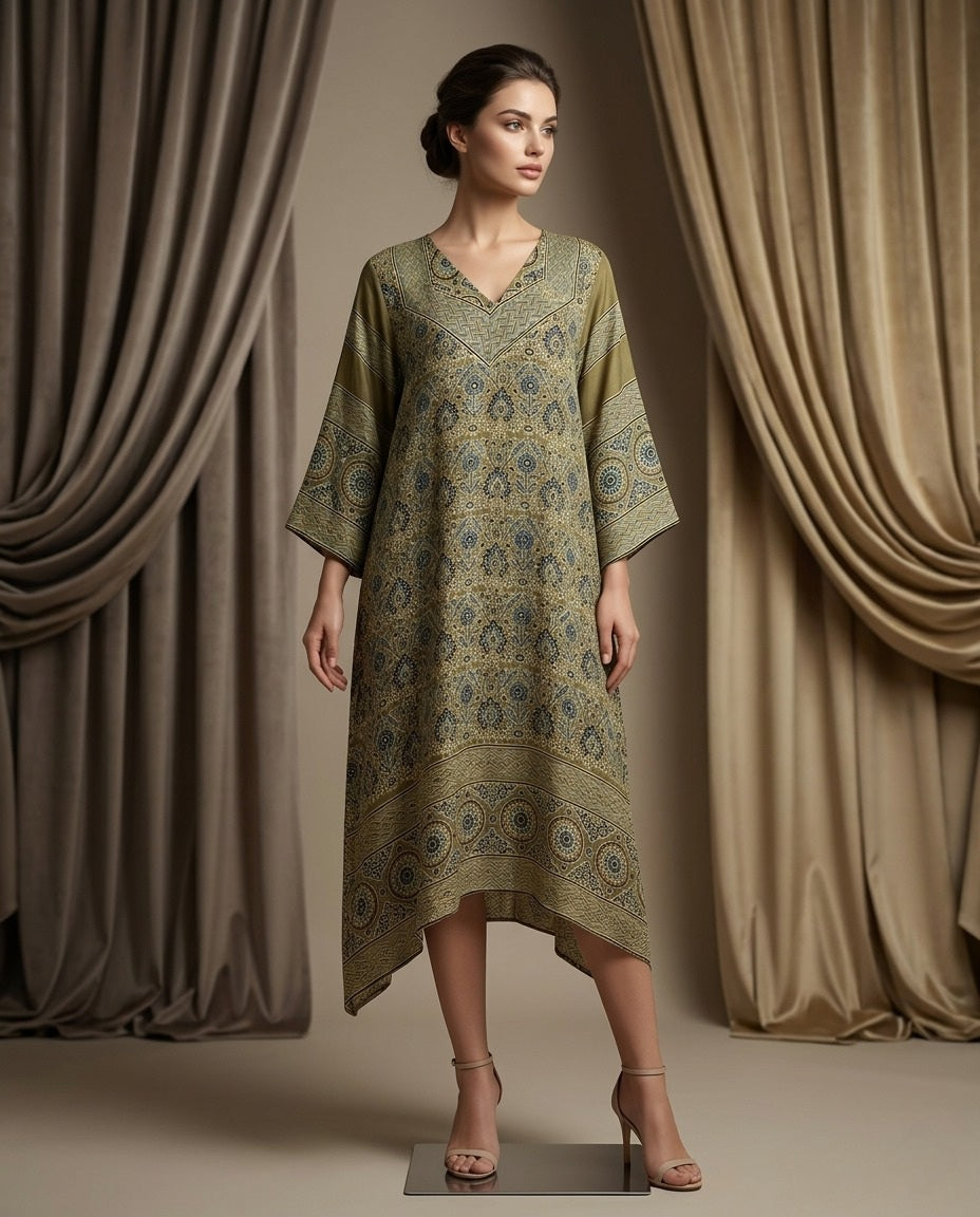 MOSAIC POINT MODAL SILK BROWN AJRAKH KURTA (HANDBLOCK)