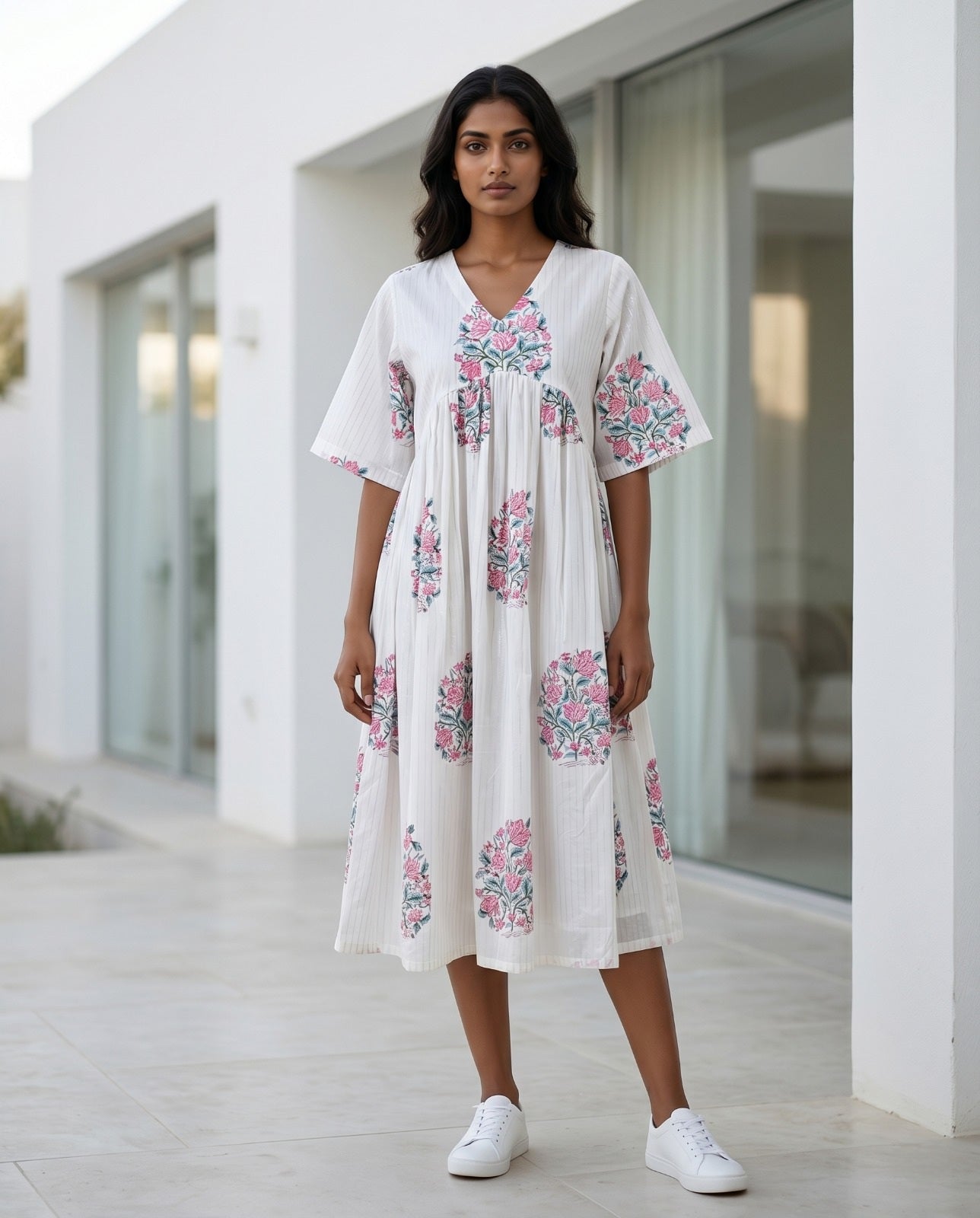 THE AURA V-NECK DRESS (HANDBLOCK)