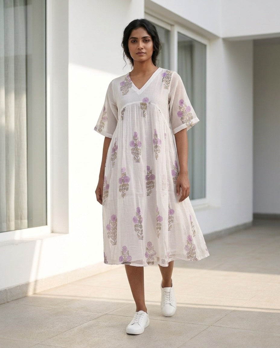 The Daydrift Kota Doria V-Neck Dress (HANDBLOCK)