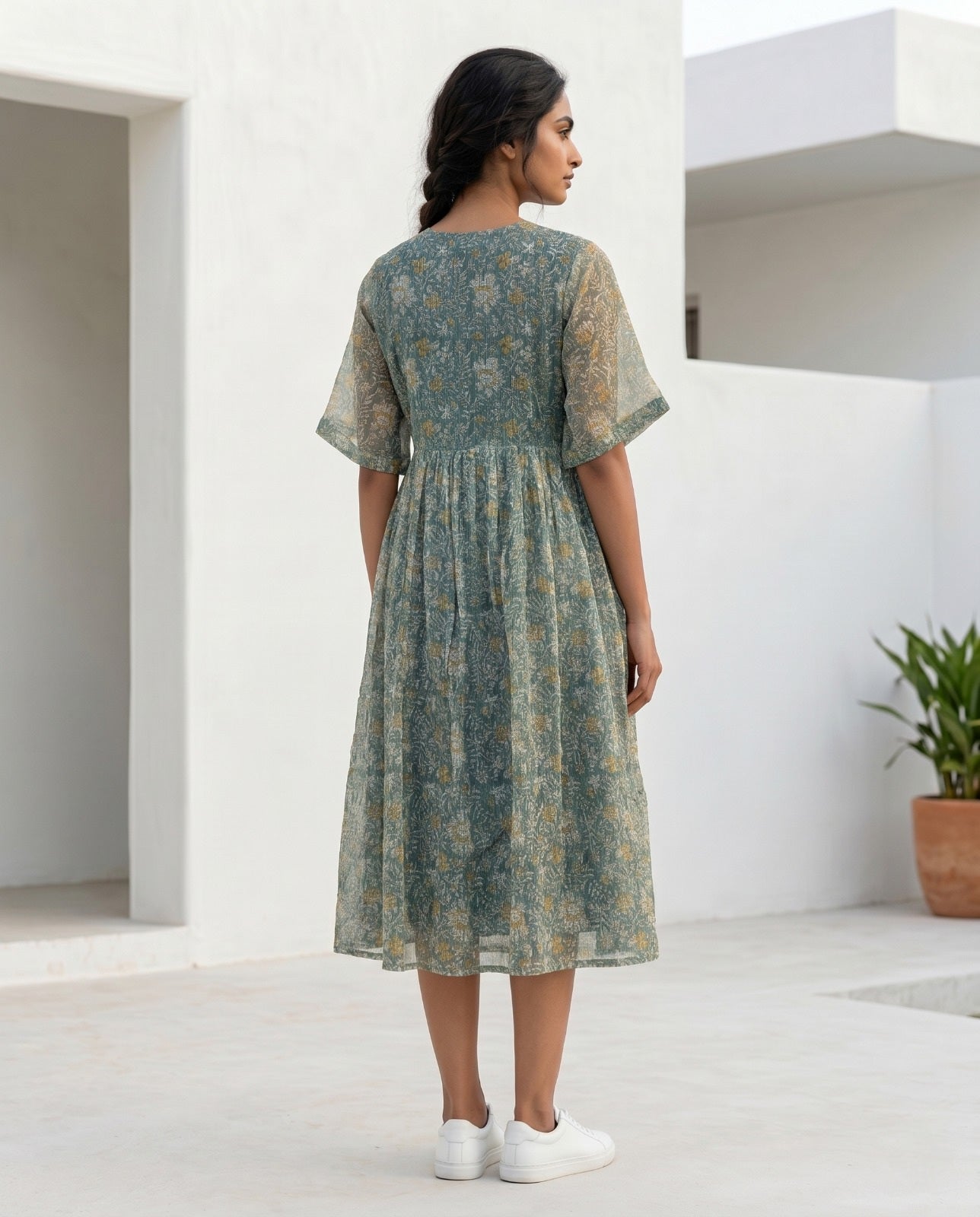 The Daydrift Kota Doria V-Neck Dress (HANDBLOCK)