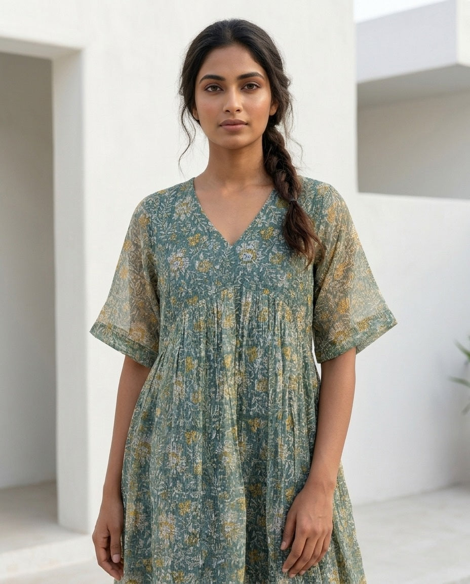 The Daydrift Kota Doria V-Neck Dress (HANDBLOCK)