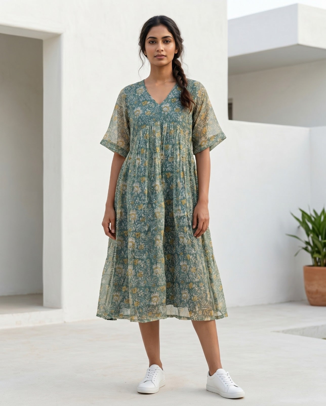 The Daydrift Kota Doria V-Neck Dress (HANDBLOCK)