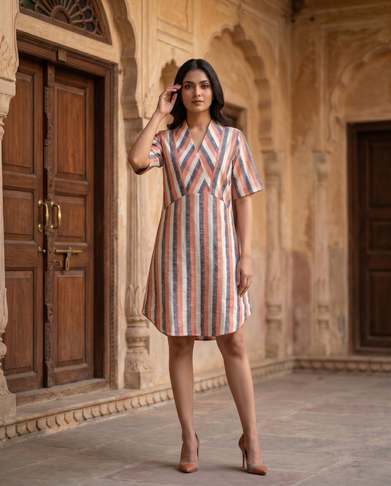 SUNSET STRIPE V NECK TUNIC (COTTON LINEN)