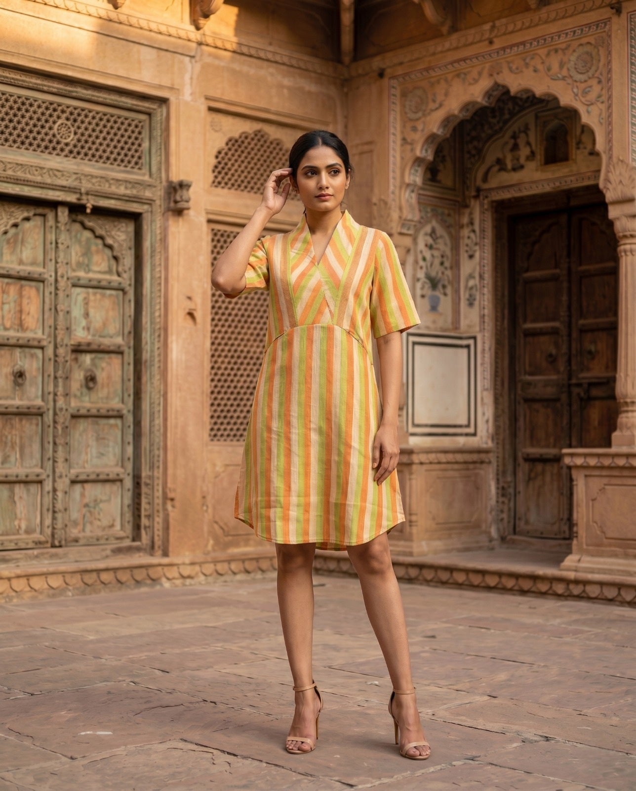SUNSET STRIPE V NECK TUNIC (COTTON LINEN)