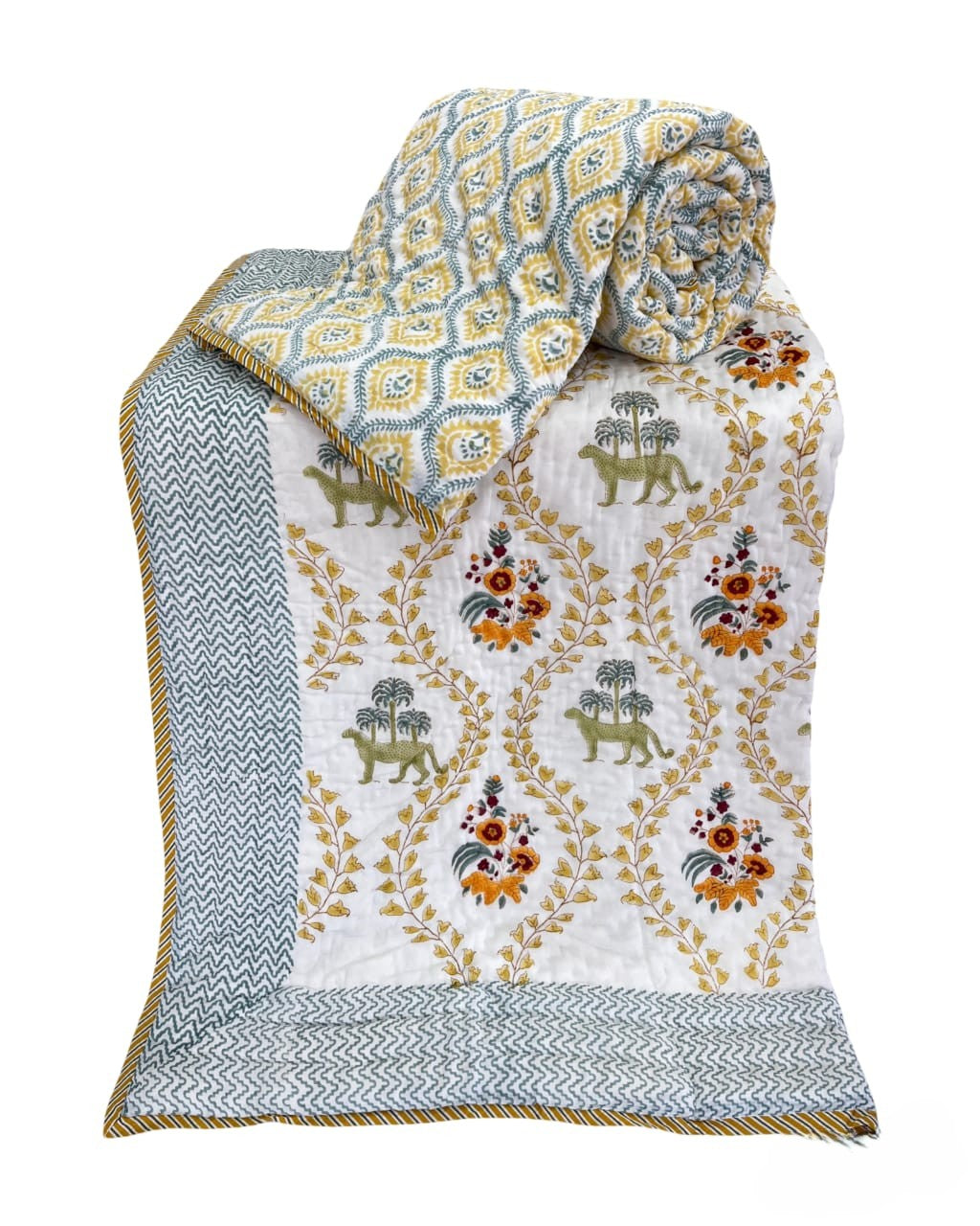 Hand Block Reversible Single Quilt Premium Cotton – Olive Green