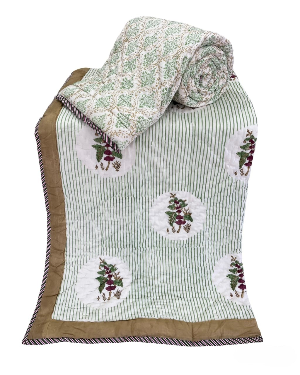 Hand Block Reversible Single Quilt Premium Cotton – Sage Green