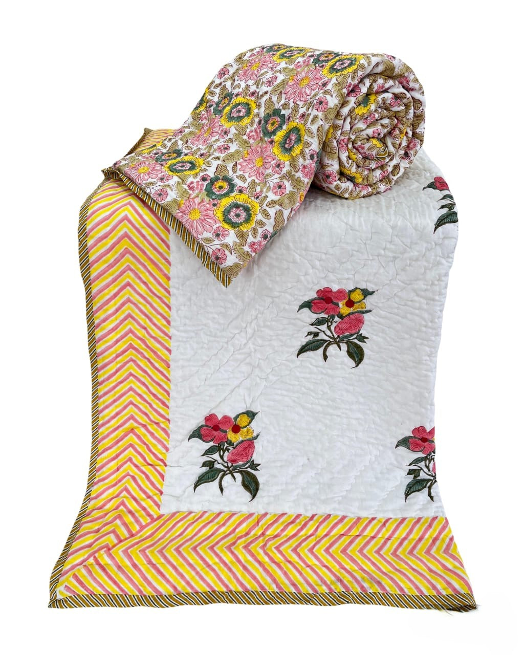 Hand Block Reversible Single Quilt Premium Cotton – Ivory