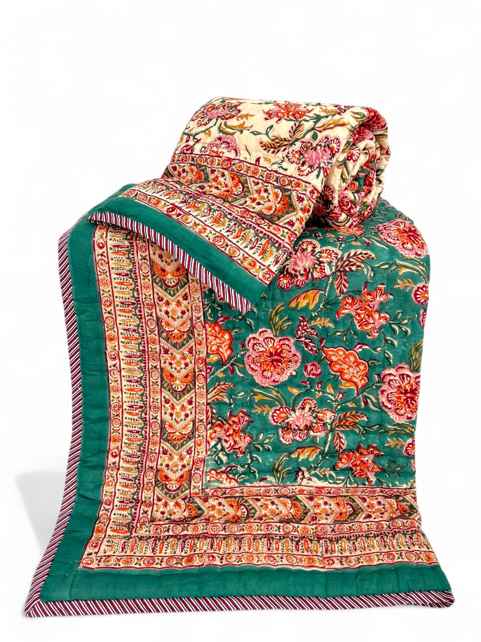 Hand Block Reversible Single Quilt Premium Cotton – Teal Green Floral